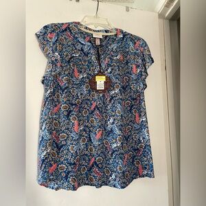 Knox Rose Women’s Top Medium Blue Pink Floral Feathers Short Sleeve NEW